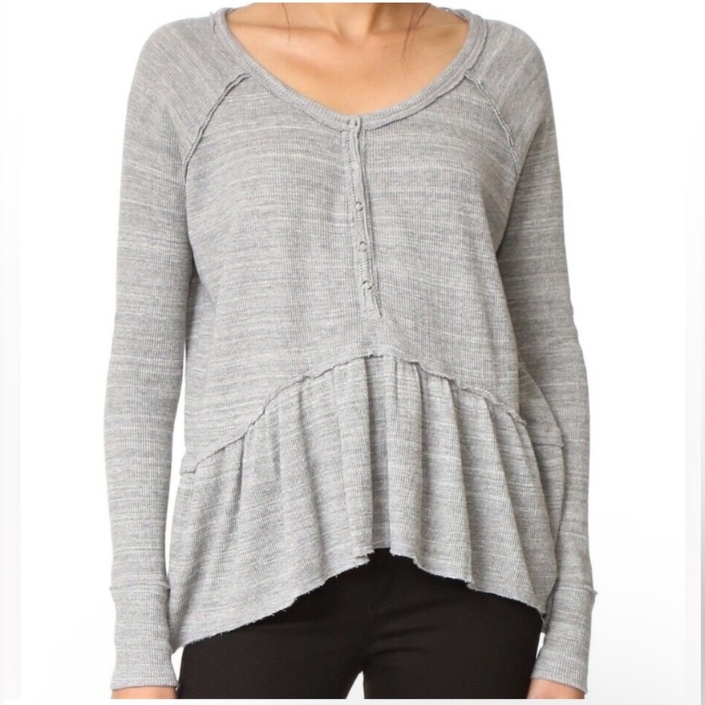 Free People We The Free Waffle Thermal Henley Grey Top Small